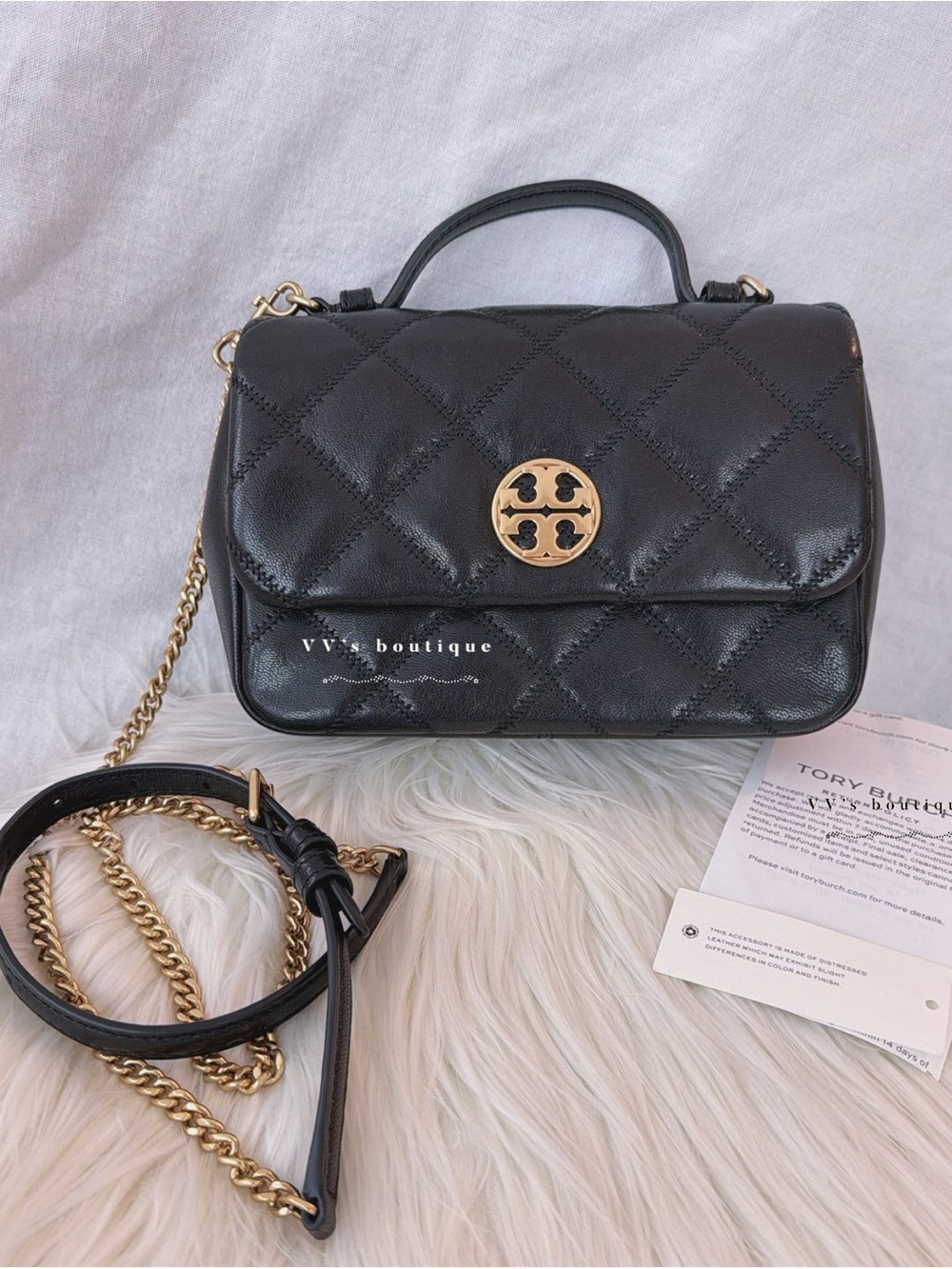 NWT Tory Burch Willa Mini Top Handle Quilted Crossbody Bag Black Gold 153399